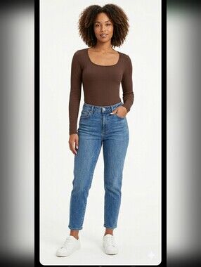 NWT Arizona Jeans Company Square Neck Long Sleeve Bodysuit Top L Brown #7200
